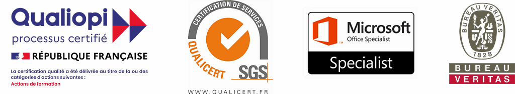 Représentation des 4 logotypes : Qualiopi, Qualicert, Microsoft Specialist et Bureau Veritas.